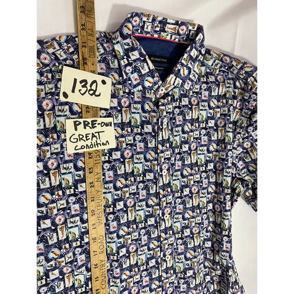 Bugatchi Shirt Mens XL Blue Animal print100% Cotton Shaped Fit Button Up - Picture 3 of 10
